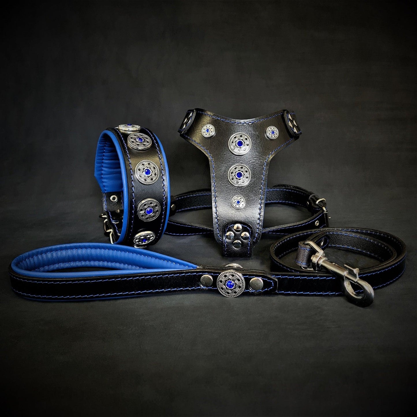 The ''Bijou'' SET - Collar, Harness, Leash. Blue-0