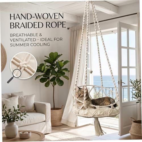 Hanging Cat Bed, Hanging Cat Hammock, Hand-Woven Swing with Soft Cushion & Pom-pom for Indoor Outdoor, White