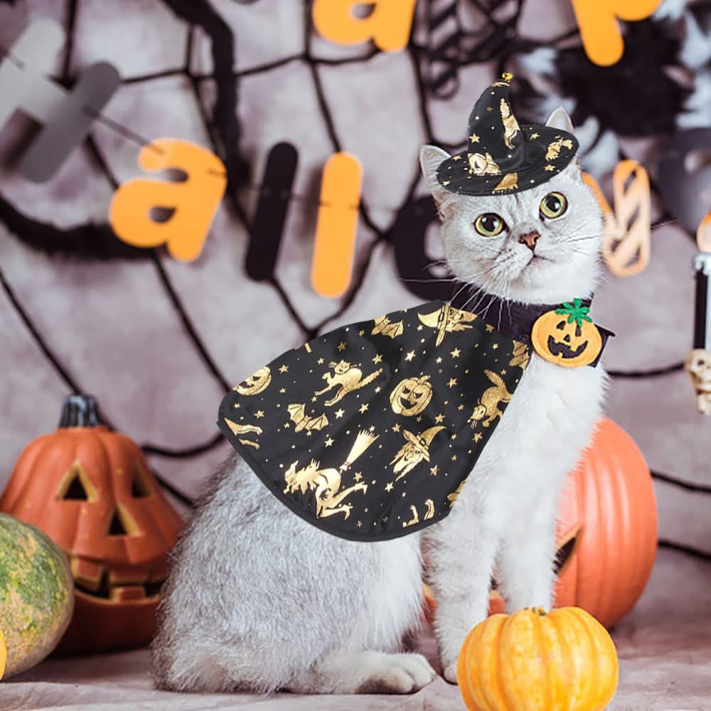 Pet Halloween Costumes Dogs Cats Halloween Witch Pet Costume Cape Hat Halloween Vampire Cloak Wizard Cats Cosplay Clothes Apparel for Small Dogs Cats Halloween Party Decorations - Black - Size S