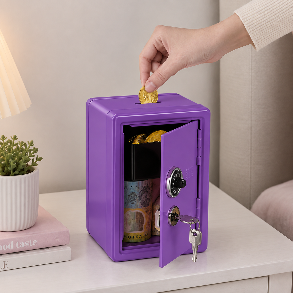 Lockable Metal Money Box, Cash & Coin Storage Box with Key Lock, Compact Piggy Bank for For Kids & Adults, Office & Small Valuables-Purple