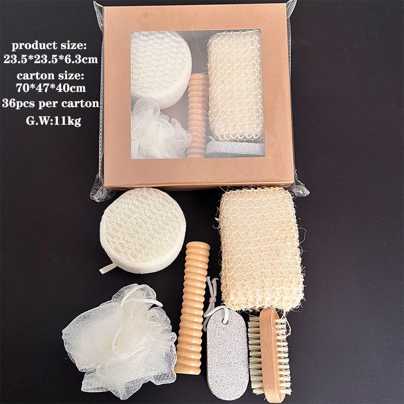 6‑Piece Natural Spa Bath Gift Set, Exfoliating Body Scrub Kit with Loofah, Bath Sponge, Foot File & Wooden Massage Roller for Home Self‑Care