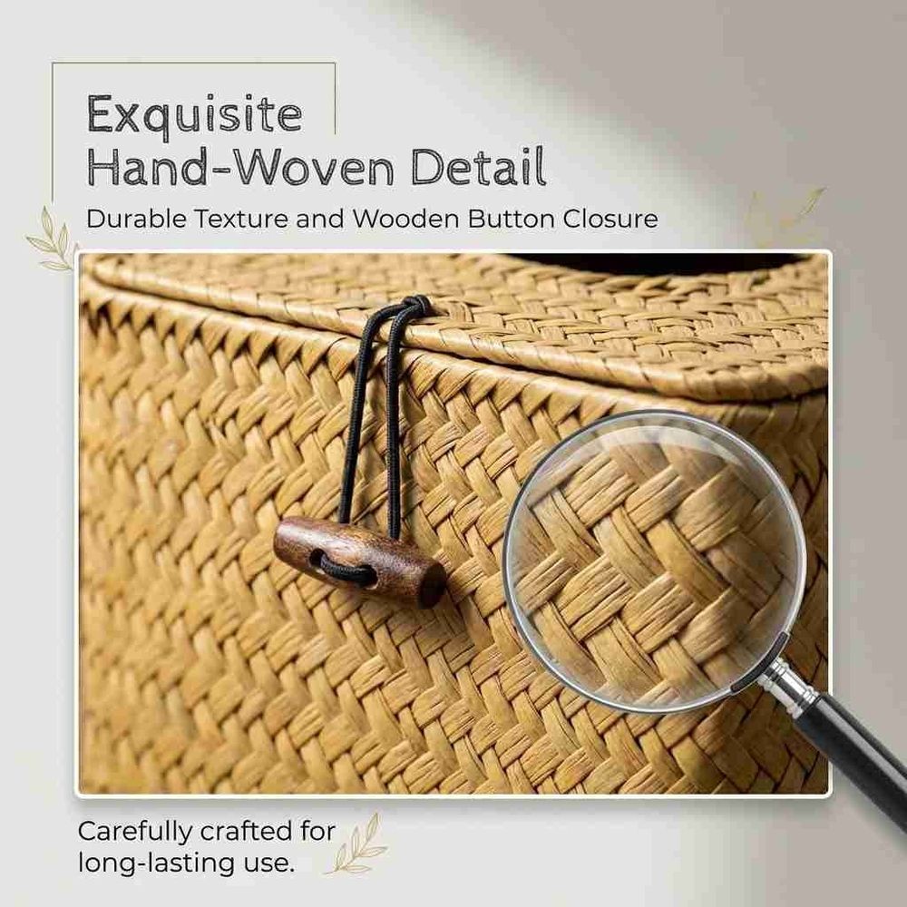 Natural Woven Straw Tissue Box Holder with Lid, Cube Rattan Napkin Box Cover for Vanity Countertop Home Rustic Decor, Khaki