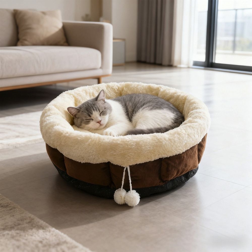 Orthopedic Dog Bed, Round Plush Faux Fur Pet Bed with Non-Slip Bottom, Soothing Support for Small Medium Dogs and Cats