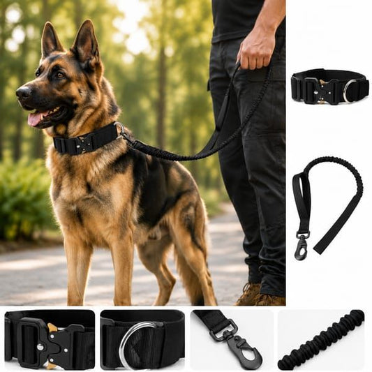 Additional product view: Black Tactical Dog Collar & Bungee Leash Set, XL Size, Padded Quick Release Collar with Control Handle &