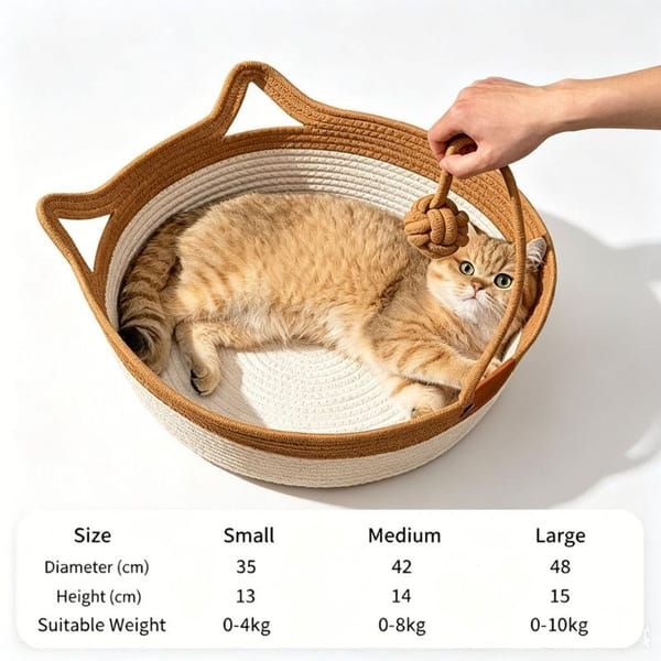 Cotton Rope Woven Cat Bed Basket with Hanging Toy Ball Foldable Round Pet Nest Brown M