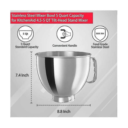 Stainless Steel Mixing Bowl 5 Quart for KitchenAid Classic & Artisan 4.5-5QT Tilt-Head Stand Mixers, 304 Stainless Steel Replacement Bowl with Handle
