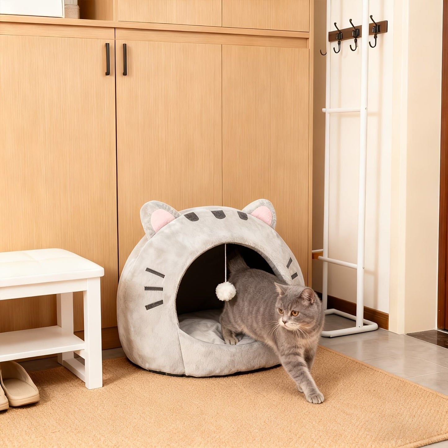 Cozy Semi-Enclosed Cat Cave Bed with Plush Toy Ball, 2-in-1 Convertible Design for Small Dogs and Rabbits, Soft Furry Shelter for Anxious Pets (M, Grey)