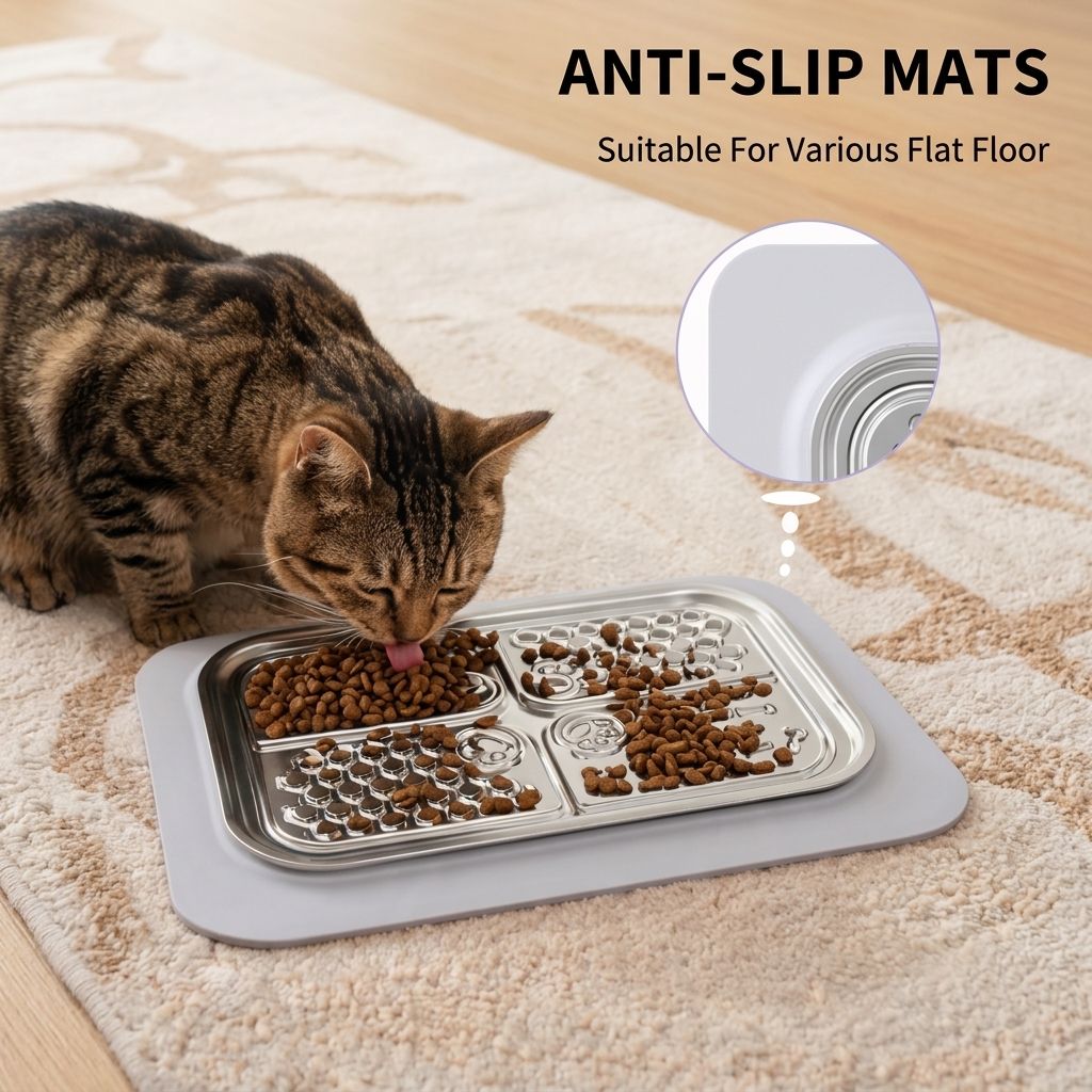 Slow Feeder Licking Mat for Pets with Stainless Steel Tray, Anti-Slip Silicone Base, and Spatula – Multi-Zone Textured Surface for Dry Food, Wet Food, and Treats, Slows Down Eating to Support Healthy Digestion for Cats and Dogs (Silver)