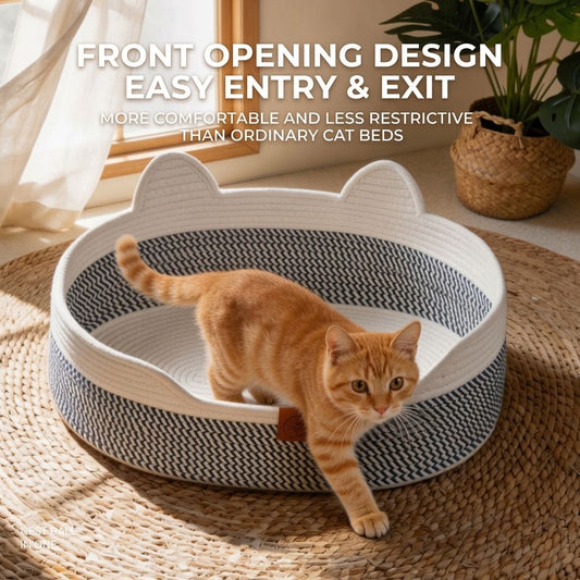 Handwoven Cotton Rope Cat Bed with Adorable Cat-Ear Design, Breathable Oval Nest with Front Opening for Easy Access, Available in Two Chic Colorways and Sizes, Perfect for Indoor Lounging and Playtime for Kittens and Adult Cats Alike (L, Dark Brown Cat Be