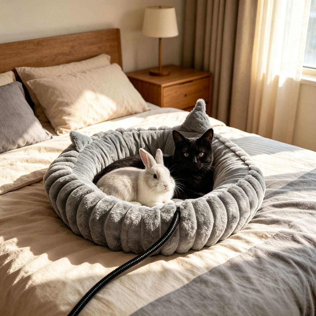 USB-Powered Heated Pet Bed with Plush Fur, Adjustable Thermostat & Timer, Foldable Round Cat Cave for Small Dogs, Kittens, and Rabbits – Cozy Winter Warmth for Home, Floor, Bed, or Car Travel (Grey)