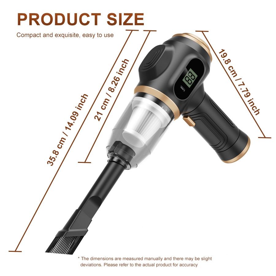 8-piece Black Handheld Cordless Vacuum Cleaner & Air Duster 2-in-1(2 x 1500mAh), Portable Car and Home Cleaning Vacuum with Digital Display