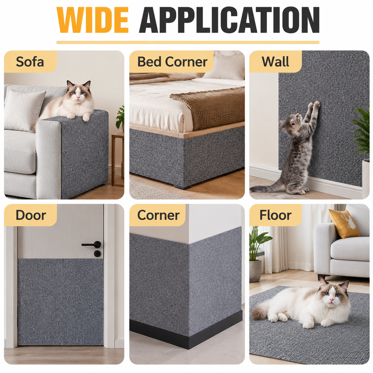 60 x 100 CM Grey Self-Adhesive Cuttable Cat Scratching Mat - Durable Wall Climber / Floor Nest Pad / Furniture Protector for Cats & Dogs