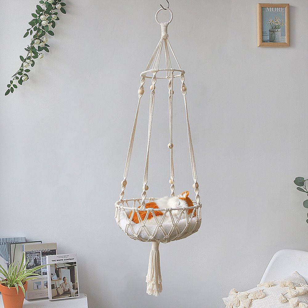 Macrame Cat Swing Hammock with Wooden Beads, 40 cm shown in the product image