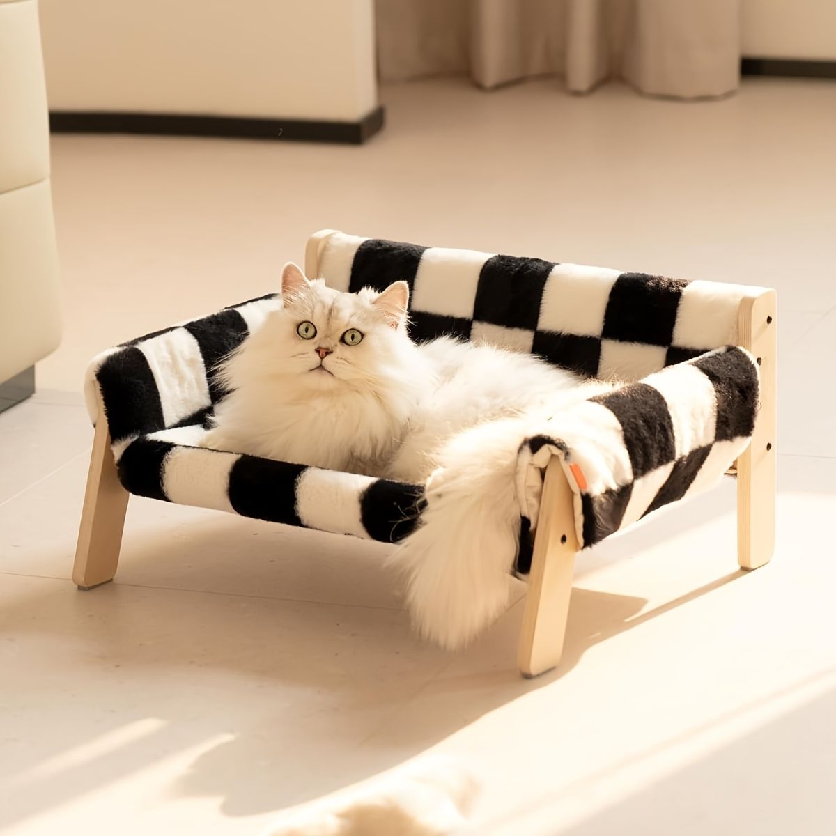 cat sofa bed, faux-fur cat bed, checkered pet bed, warm pet bed, washable pet bed, wooden cat bed, small dog bed, Australian pet bed - Beige - Size L