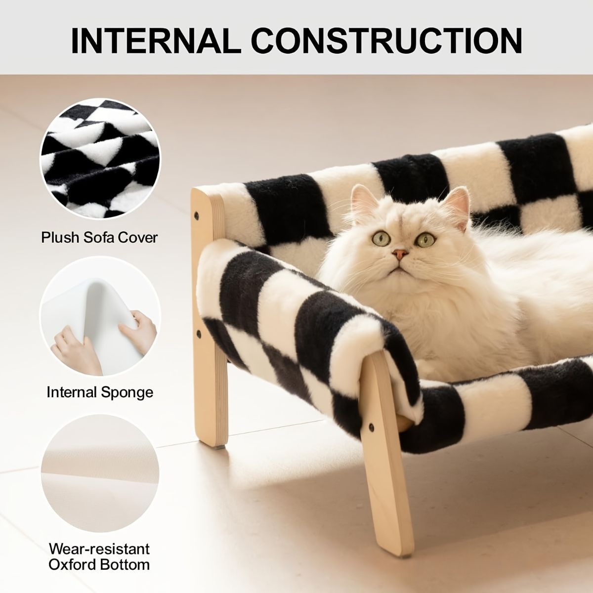 cat sofa bed, faux-fur cat bed, checkered pet bed, warm pet bed, washable pet bed, wooden cat bed, small dog bed, Australian pet bed - Beige - Size L