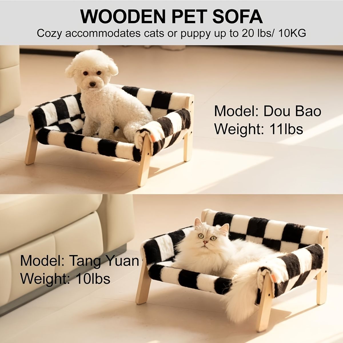 cat sofa bed, faux-fur cat bed, checkered pet bed, warm pet bed, washable pet bed, wooden cat bed, small dog bed, Australian pet bed - Brown - Size L