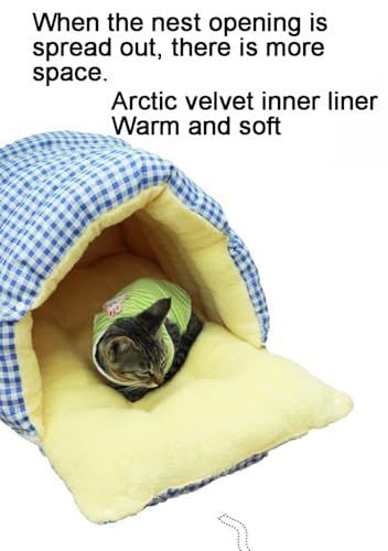 Medium Cat Beds for Indoor Closed/Open Cats Pet Bed Switchable Large Cat Cave for Pet Cat House Safe Cat Small Dog Bed Selfwarming Cat Dog Shelter for Winter - Blue
