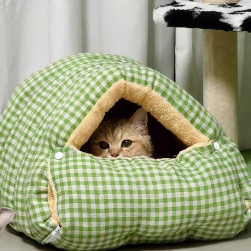 Large Cat Beds for Indoor Closed/Open Cats Pet Bed Switchable Large Cat Cave for Pet Cat House Safe Cat Small Dog Bed Selfwarming Cat Dog Shelter for Winter - Green