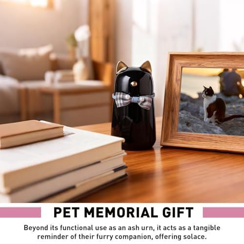 Handcrafted Ceramic Cat Urn for Ashes,Bow Tie Cat Shaped Funeral Memorial Keepsake,Pet Urn for Indoor & Outdoor Use - Black - Size 25.5*9.5cm