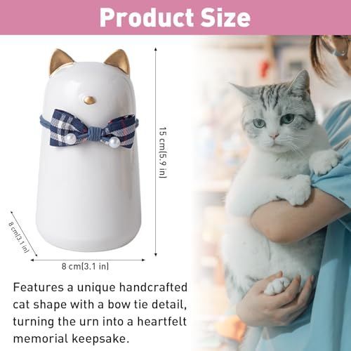 Handcrafted Ceramic Cat Urn for Ashes,Bow Tie Cat Shaped Funeral Memorial Keepsake,Pet Urn for Indoor & Outdoor Use - White - Size 25.5*9.5cm