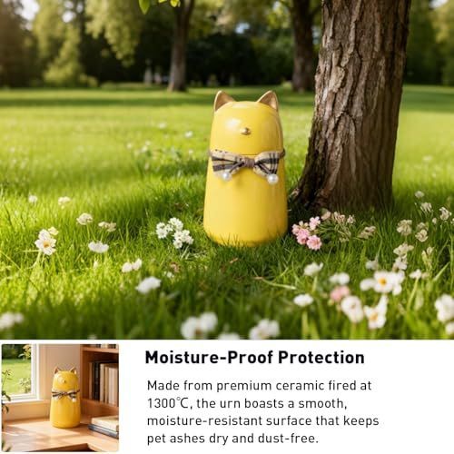 Handcrafted Ceramic Cat Urn for Ashes,Bow Tie Cat Shaped Funeral Memorial Keepsake,Pet Urn for Indoor & Outdoor Use - White - Size 25.5*9.5cm