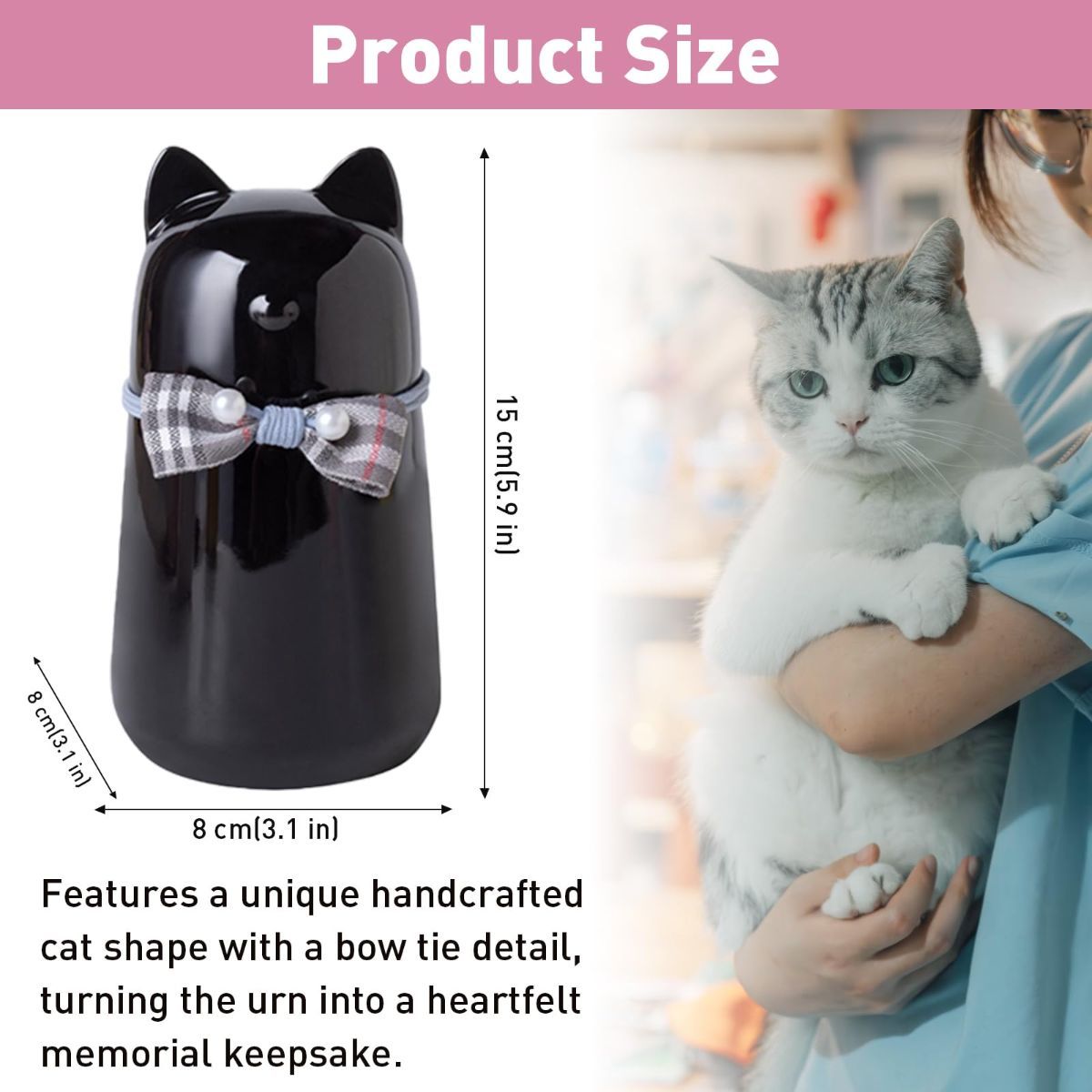 Handcrafted Ceramic Cat Urn for Ashes,Bow Tie Cat Shaped Funeral Memorial Keepsake,Pet Urn for Indoor & Outdoor Use - White - Size 15*8cm