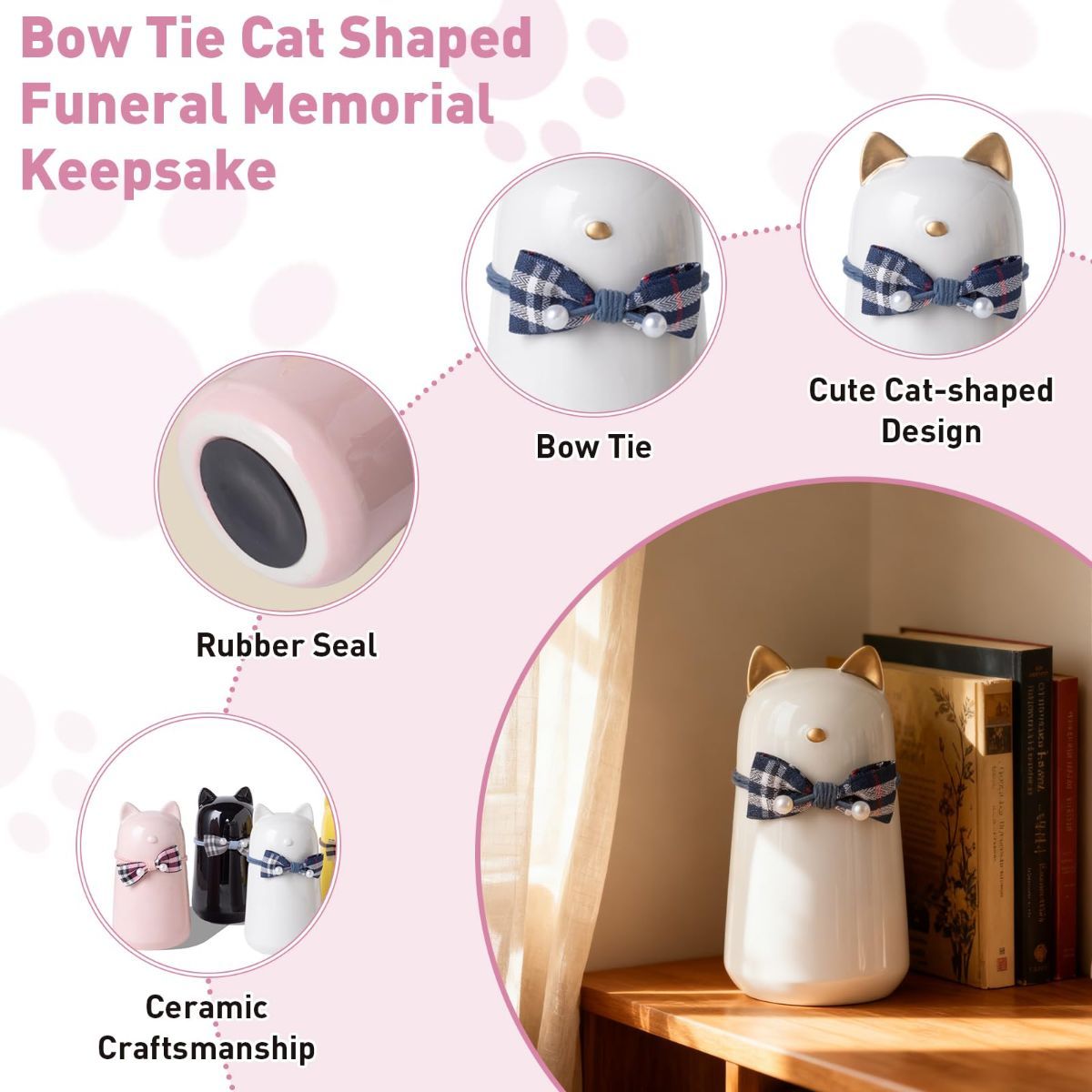 Handcrafted Ceramic Cat Urn for Ashes,Bow Tie Cat Shaped Funeral Memorial Keepsake,Pet Urn for Indoor & Outdoor Use - White - Size 15*8cm