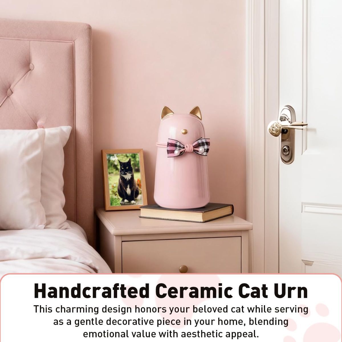 Handcrafted Ceramic Cat Urn for Ashes,Bow Tie Cat Shaped Funeral Memorial Keepsake,Pet Urn for Indoor & Outdoor Use - White - Size 15*8cm