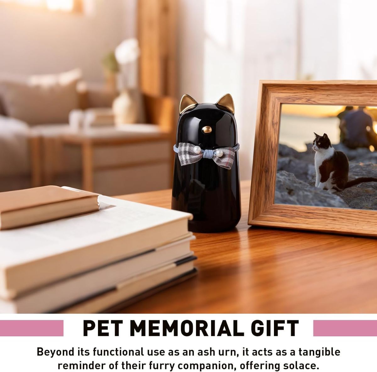 Handcrafted Ceramic Cat Urn for Ashes,Bow Tie Cat Shaped Funeral Memorial Keepsake,Pet Urn for Indoor & Outdoor Use - White - Size 15*8cm
