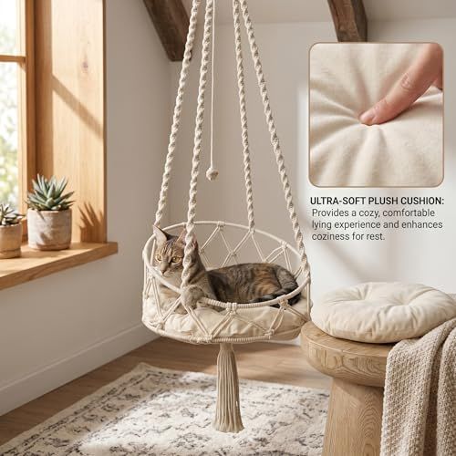 Hanging Cat Bed, Hanging Cat Hammock, Hand-Woven Swing with Soft Cushion & Pom-pom for Indoor Outdoor, White