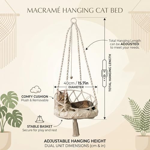 Hanging Cat Bed, Hanging Cat Hammock, Hand-Woven Swing with Soft Cushion & Pom-pom for Indoor Outdoor, White