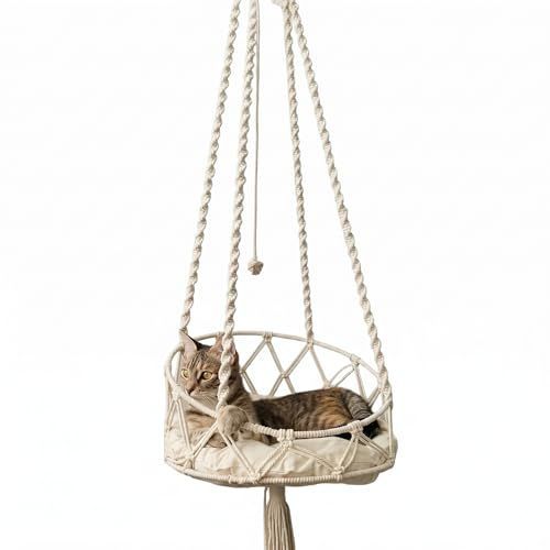 Hanging Cat Bed, Hanging Cat Hammock, Hand-Woven Swing with Soft Cushion & Pom-pom for Indoor Outdoor, White