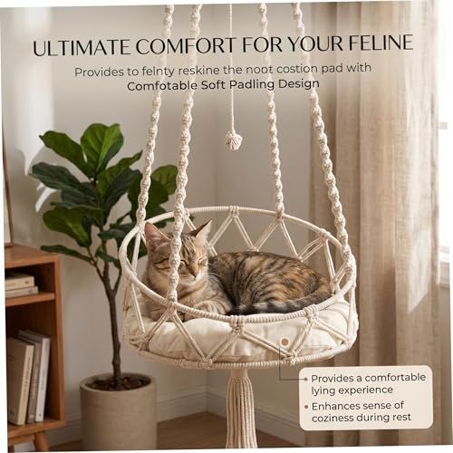 Hanging Cat Bed, Hanging Cat Hammock, Hand-Woven Swing with Soft Cushion & Pom-pom for Indoor Outdoor, White