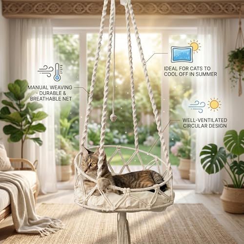 Hanging Cat Bed, Hanging Cat Hammock, Hand-Woven Swing with Soft Cushion & Pom-pom for Indoor Outdoor, White