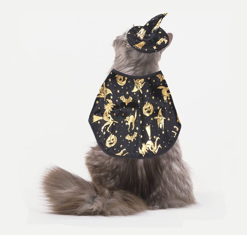 Pet Halloween Costumes Dogs Cats Halloween Witch Pet Costume Cape Hat Halloween Vampire Cloak Wizard Cats Cosplay Clothes Apparel for Small Dogs Cats Halloween Party Decorations - Black - Size M
