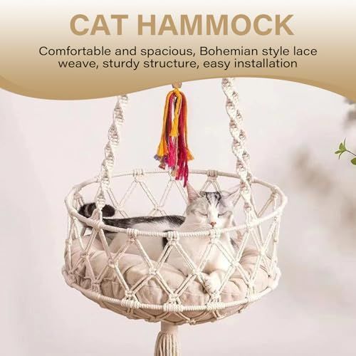 Cat Swing, 49 Inch Hanging Cat Bed with Cotton Mat, Boho Style Hammock with Tassel, Space Saving Hammock Bed for Sleeping, Playing, and Lounging, Hammocks