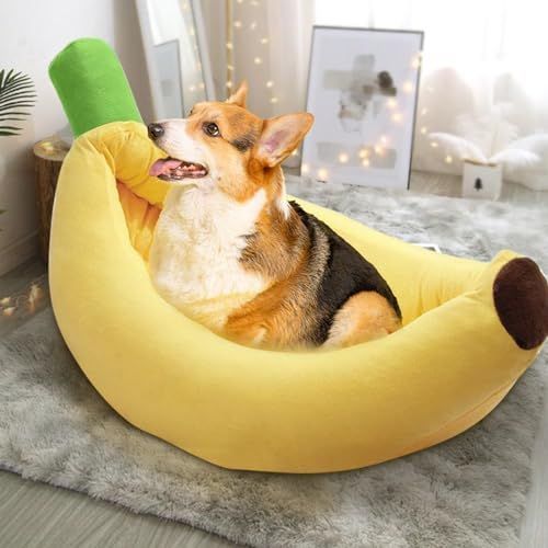 X-Large Banana Bed, Banana Shaped Pet Bed for Cats & Small Dogs - Cozy Cave Design with Machine Washable Cover, Non-Slip Bottom & Soft Faux Fur Lining, Multiple Sizes (S-XL) for Year-Round Comfort - Yellow