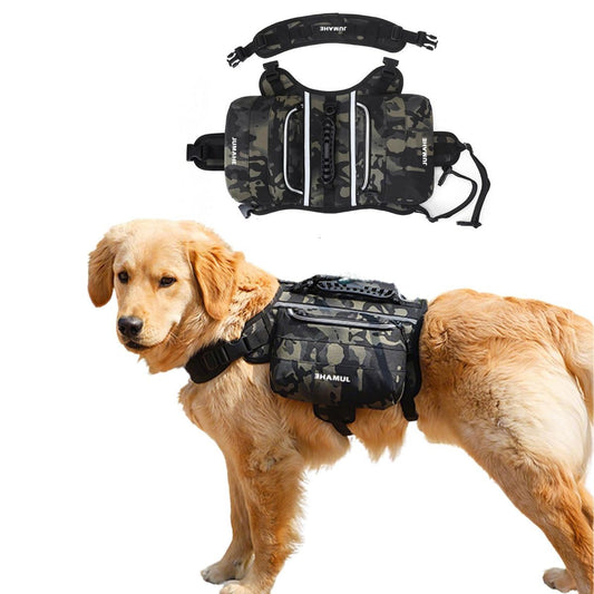Dog Backpack for Medium & Large Dogs,Dog Pack Saddle Bag for Dogs for Hiking,Pet Backpack Harness with Reflective Strips,2 Capacious Side Pockets for Walking Running,Camouflage - Camouflage - Size 2 Capacious Side Pockets