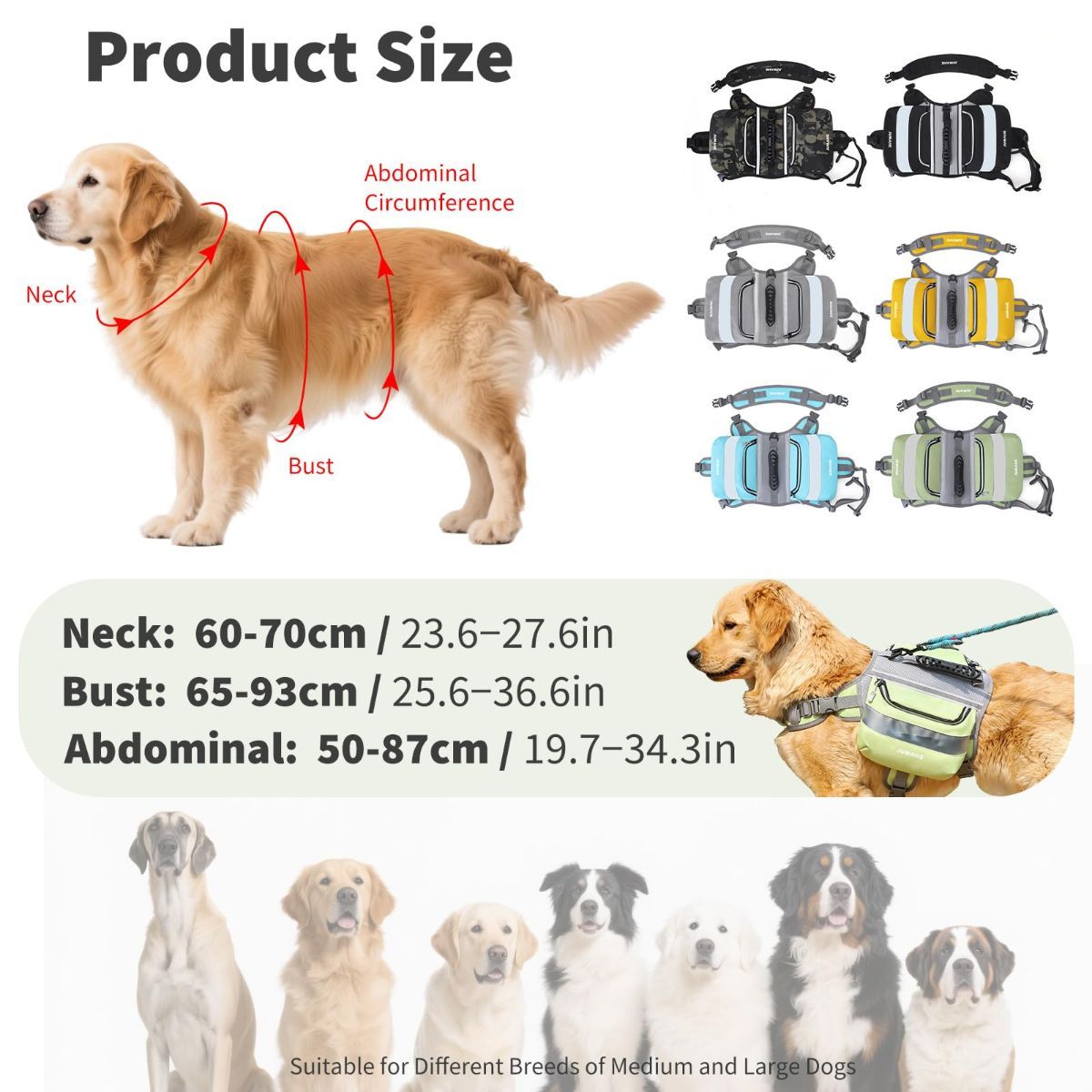 Dog Backpack for Medium & Large Dogs,Dog Pack Saddle Bag for Dogs for Hiking,Pet Backpack Harness with Reflective Strips,2 Capacious Side Pockets for Walking Running,Camouflage - Camouflage - Size 2 Capacious Side Pockets