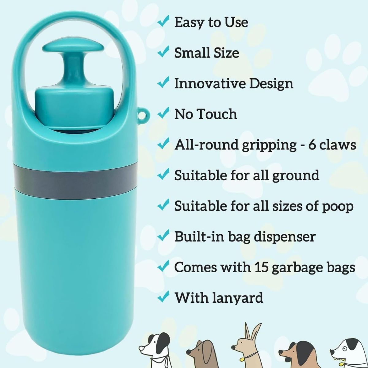 Portable 2 in 1 Dog Waste Pick Up Claws, Hand Held Pet Waste Picker, Six Claws Portable Dog Poop Scooper with 15PCS Bag Attachment and Leak-Proof Waste Storage Container, Pet Lovers - Blue - Size Pooper scooper