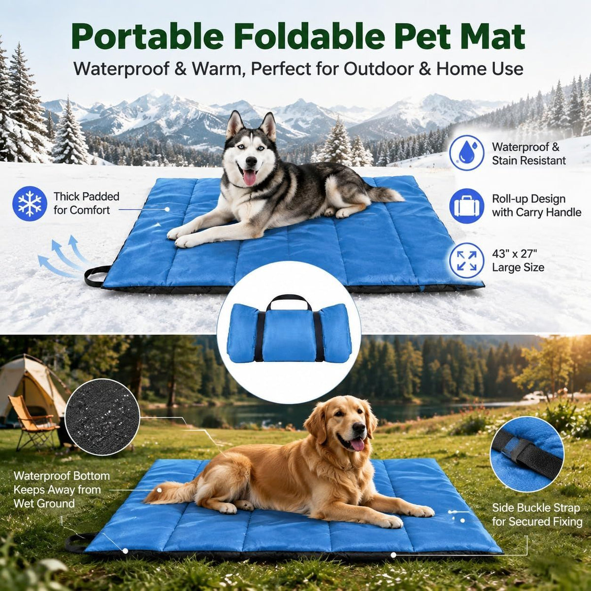 Foldable and Portable Dog Mat, Waterproof Oxford Fabric Travel Mat, Dog Cushion, Large Size 110 x 68 cm, Wear-Resistant for Outdoor, Camping, Car and Garden(Blue)