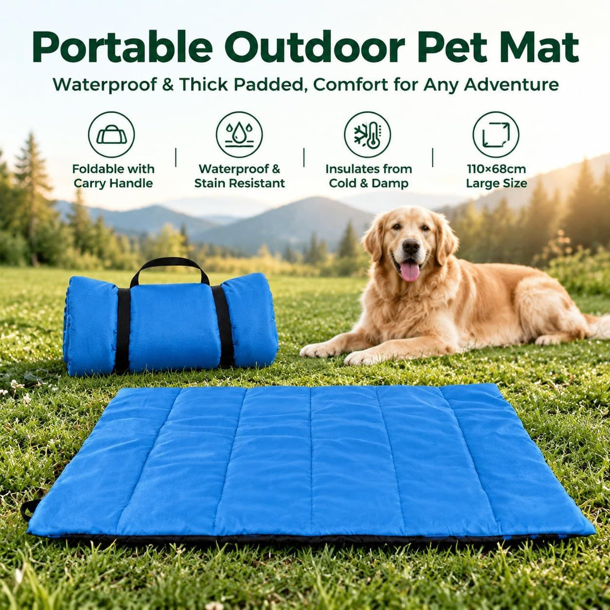 Foldable and Portable Dog Mat, Waterproof Oxford Fabric Travel Mat, Dog Cushion, Large Size 110 x 68 cm, Wear-Resistant for Outdoor, Camping, Car and Garden(Blue)