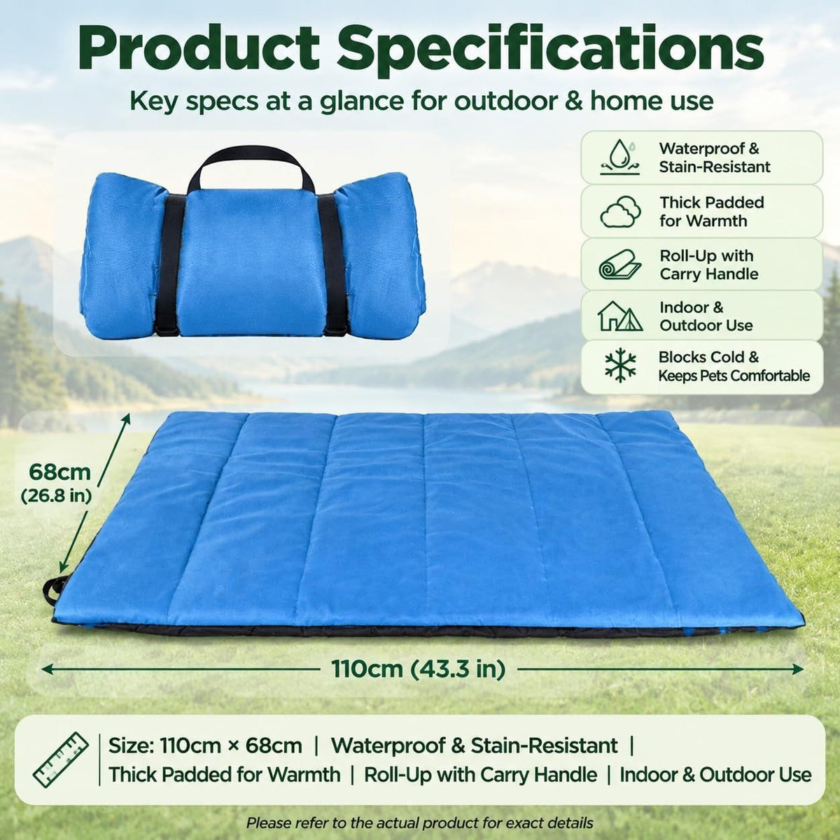 Foldable and Portable Dog Mat, Waterproof Oxford Fabric Travel Mat, Dog Cushion, Large Size 110 x 68 cm, Wear-Resistant for Outdoor, Camping, Car and Garden(Blue)