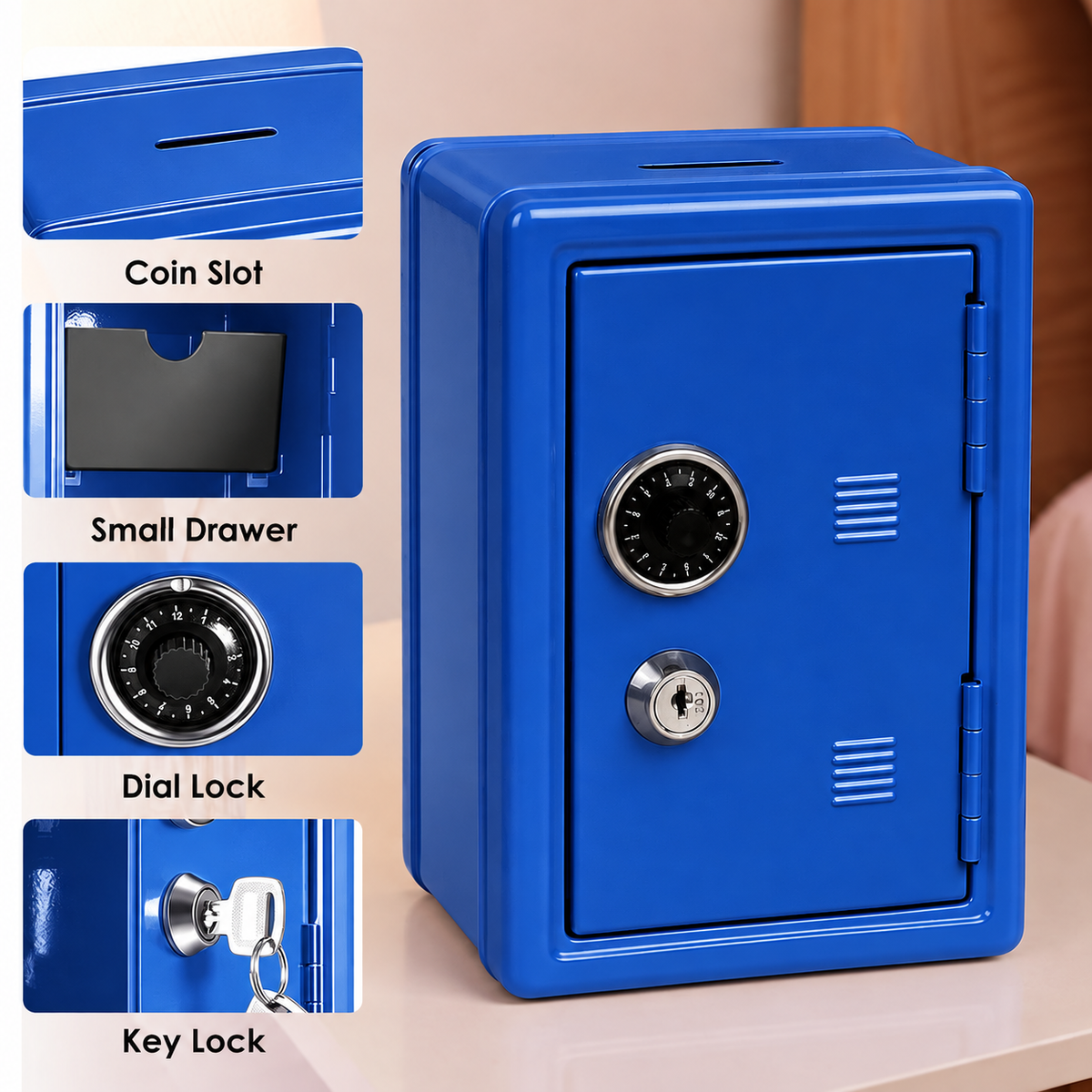 Lockable Metal Money Box, Cash & Coin Storage Box with Key Lock, Compact Piggy Bank for For Kids & Adults, Office & Small Valuables-Blue