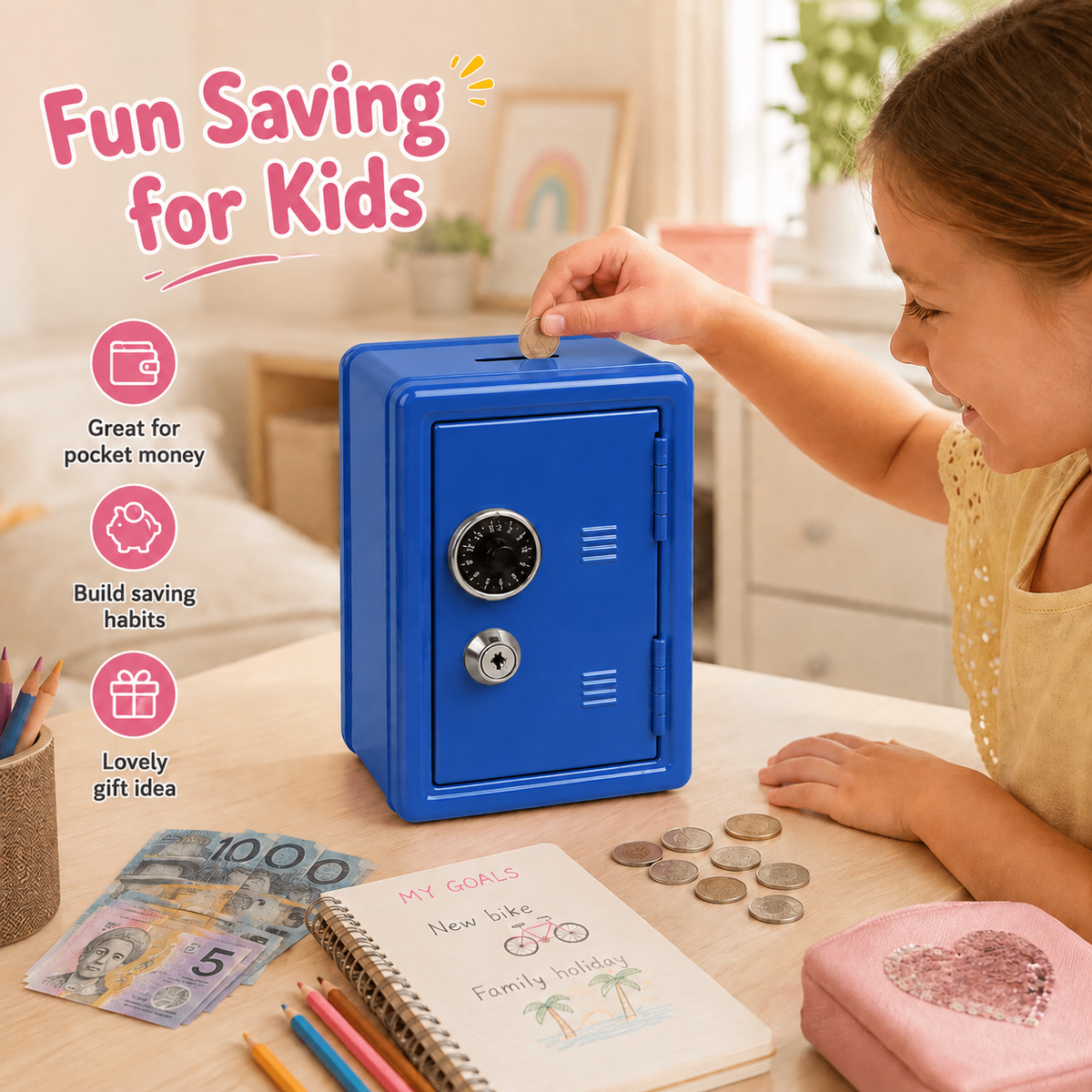 Lockable Metal Money Box, Cash & Coin Storage Box with Key Lock, Compact Piggy Bank for For Kids & Adults, Office & Small Valuables-Blue