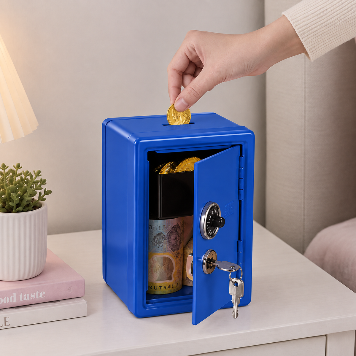 Lockable Metal Money Box, Cash & Coin Storage Box with Key Lock, Compact Piggy Bank for For Kids & Adults, Office & Small Valuables-Blue