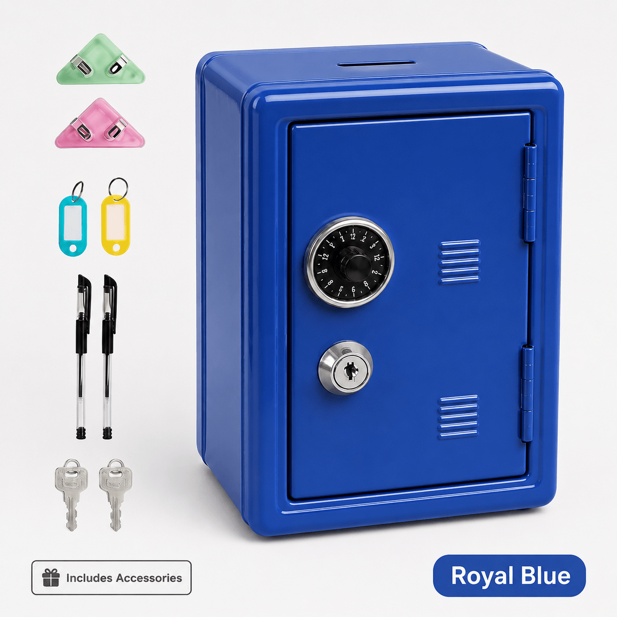 Lockable Metal Money Box, Cash & Coin Storage Box with Key Lock, Compact Piggy Bank for For Kids & Adults, Office & Small Valuables-Blue