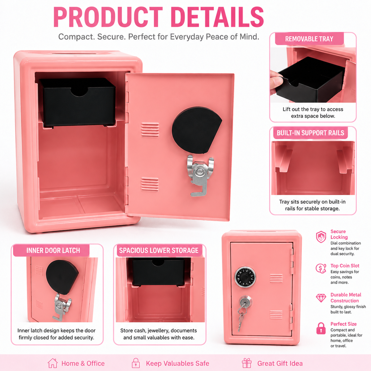 Lockable Metal Money Box, Cash & Coin Storage Box with Key Lock, Compact Piggy Bank for For Kids & Adults, Office & Small Valuables-coral pink