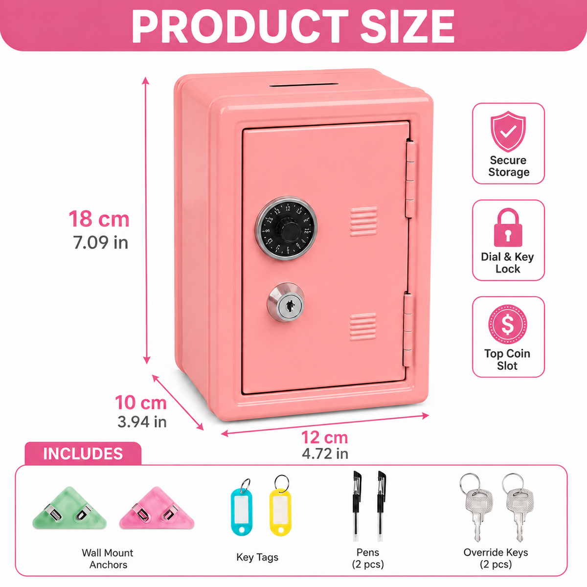 Lockable Metal Money Box, Cash & Coin Storage Box with Key Lock, Compact Piggy Bank for For Kids & Adults, Office & Small Valuables-coral pink