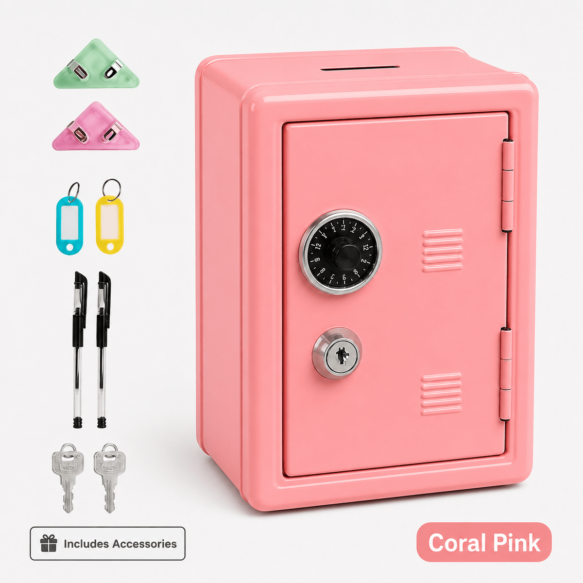 Lockable Metal Money Box, Cash & Coin Storage Box with Key Lock, Compact Piggy Bank for For Kids & Adults, Office & Small Valuables-coral pink
